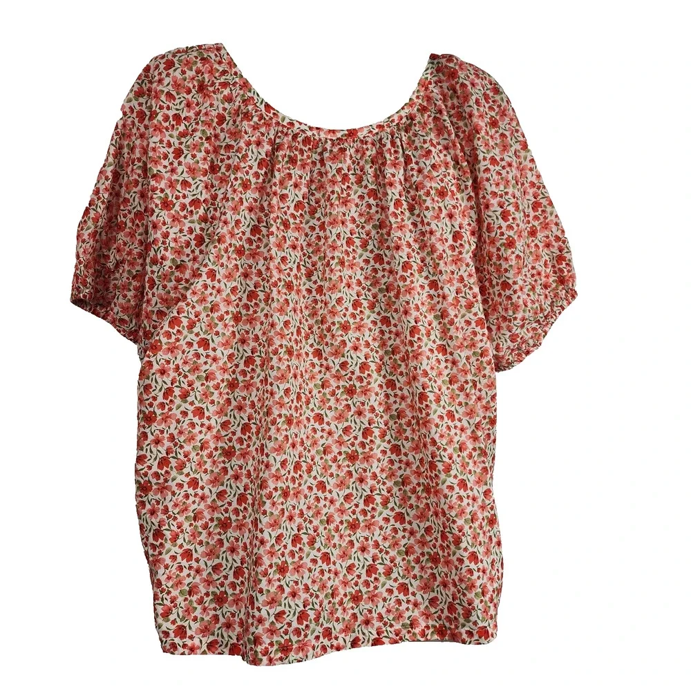 Old Navy Womens Airy Button Down Top XL Short Sleeve Red Floral Cotton Relaxed